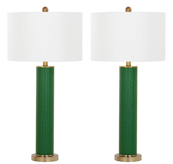 Safavieh OLLIE Table Lamp – Stylish Textured Lighting for Home, Office or Bedroom – Durable and Elegant Design Dark Green Woven LIT4404K-SET2