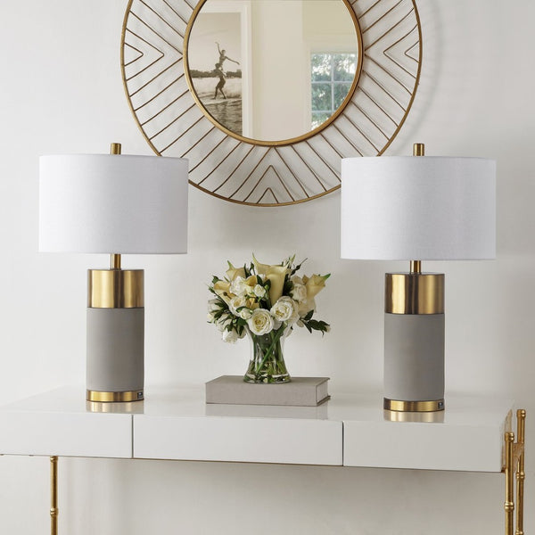 Safavieh OLIVER Table Lamp - Elegant Gray Base with Gold Accents & White Shade for Modern Home Decor LIT4452A-SET2