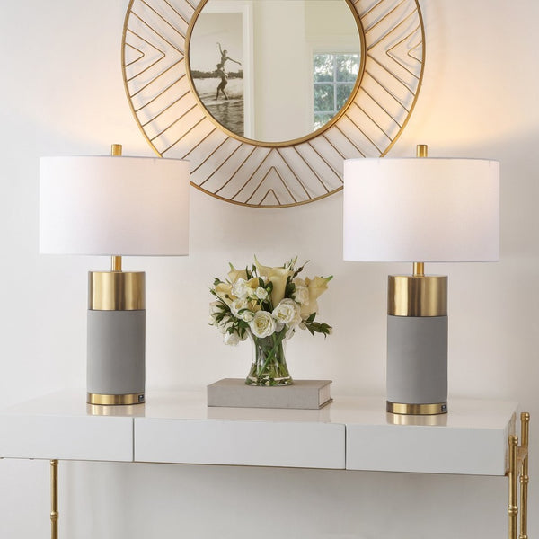 Safavieh OLIVER Table Lamp - Elegant Gray Base with Gold Accents & White Shade for Modern Home Decor LIT4452A-SET2