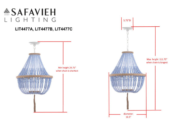 Safavieh LUSH Kristi Beads Pendant Lamp - Vivid Blue Glamour for Dining, Entryways & Cozy Spaces, Adjustable LIT4477A
