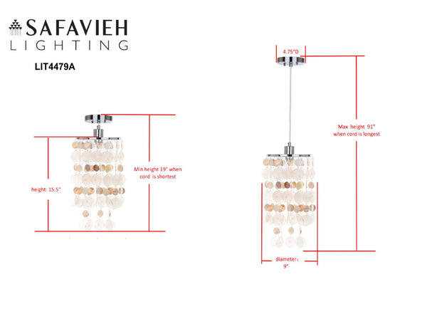 Safavieh MODERN Capiz Pendant Lamp in Chrome - Adjustable Coastal Lighting for Dining Rooms & Entryways LIT4479A