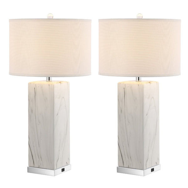 Safavieh OLYMPIA, 29-Inch Ceramic Table Lamp Set of 2 - Stylish White/Black Design with USB Charging Ports LIT4500A-SET2-U