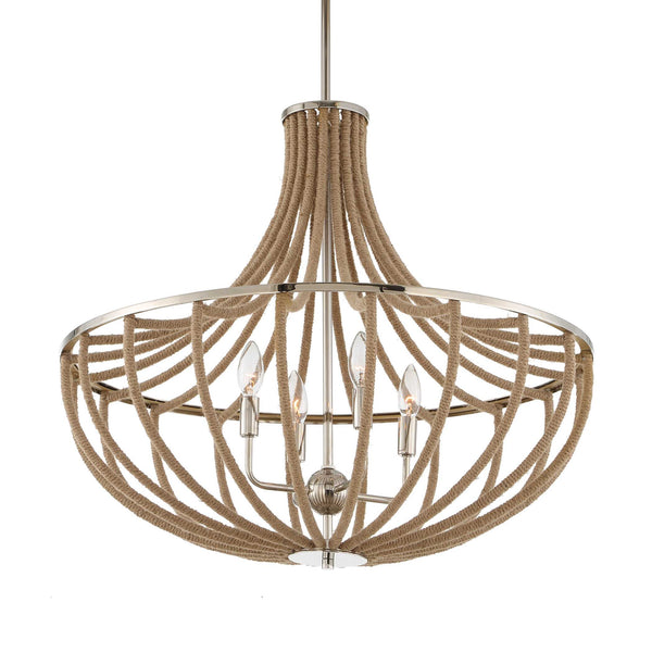 Uttermost Uttermost Polished Nickel Empire Chandelier With Natural Twisted Rope, 4-Light Adjustable Coastal Fixture 21634