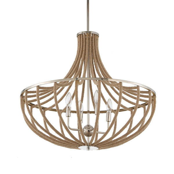 Uttermost Uttermost Polished Nickel Empire Chandelier With Natural Twisted Rope, 4-Light Adjustable Coastal Fixture 21634