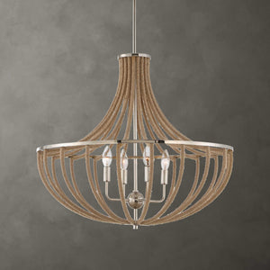 Uttermost Uttermost Polished Nickel Empire Chandelier With Natural Twisted Rope, 4-Light Adjustable Coastal Fixture 21634