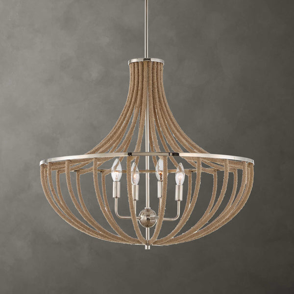 Uttermost Uttermost Polished Nickel Empire Chandelier With Natural Twisted Rope, 4-Light Adjustable Coastal Fixture 21634