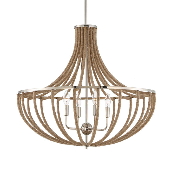 Uttermost Uttermost Polished Nickel Empire Chandelier With Natural Twisted Rope, 4-Light Adjustable Coastal Fixture 21634