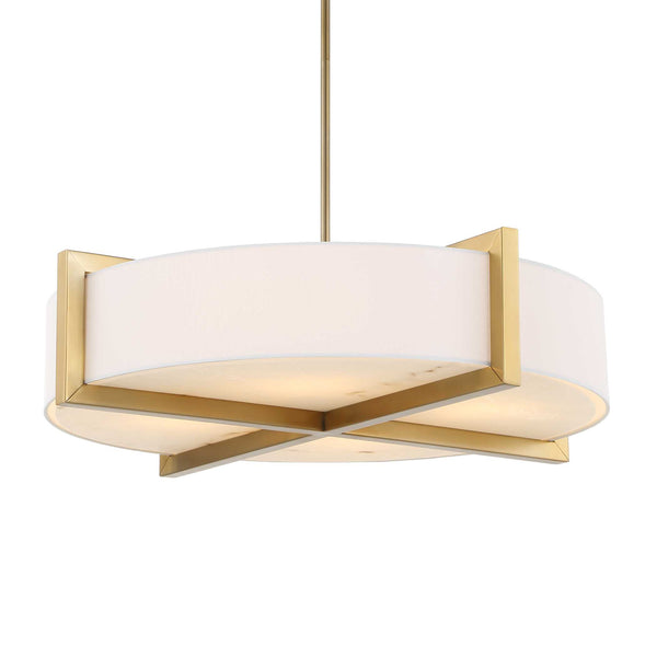 Uttermost Uttermost Cresson 4-Light Drum Pendant With White Linen Shade, Matte Brushed Brass & Alabaster Diffuser 21637