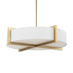 Uttermost Uttermost Cresson 4-Light Drum Pendant With White Linen Shade, Matte Brushed Brass & Alabaster Diffuser 21637