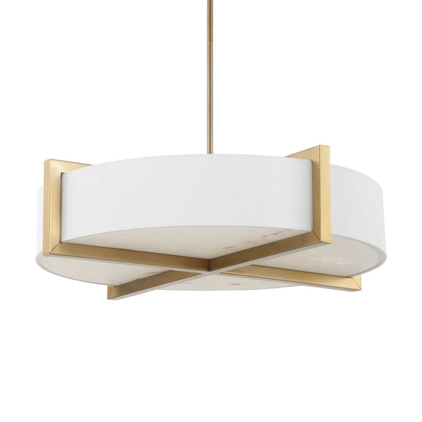 Uttermost Uttermost Cresson 4-Light Drum Pendant With White Linen Shade, Matte Brushed Brass & Alabaster Diffuser 21637