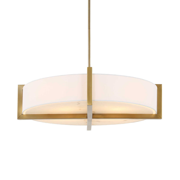 Uttermost Uttermost Cresson 4-Light Drum Pendant With White Linen Shade, Matte Brushed Brass & Alabaster Diffuser 21637