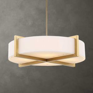 Uttermost Uttermost Cresson 4-Light Drum Pendant With White Linen Shade, Matte Brushed Brass & Alabaster Diffuser 21637