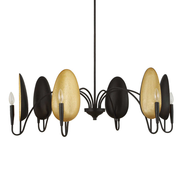 Uttermost Uttermost Warwick Oversized 6-Light Matte Black Chandelier With Matte Gold Shades, Adjustable Height 21405