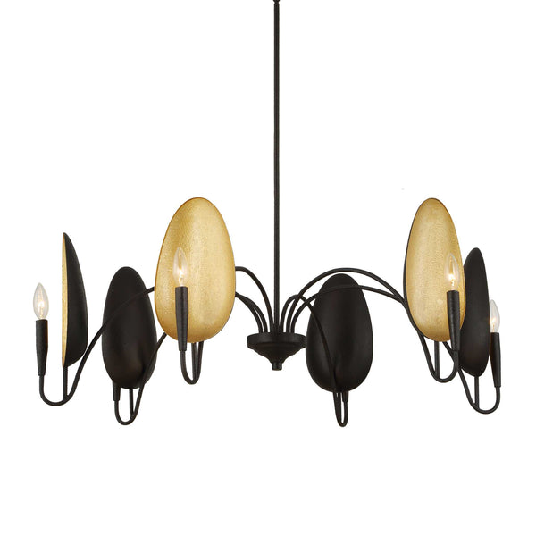 Uttermost Uttermost Warwick Oversized 6-Light Matte Black Chandelier With Matte Gold Shades, Adjustable Height 21405