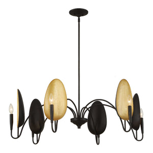 Uttermost Uttermost Warwick Oversized 6-Light Matte Black Chandelier With Matte Gold Shades, Adjustable Height 21405