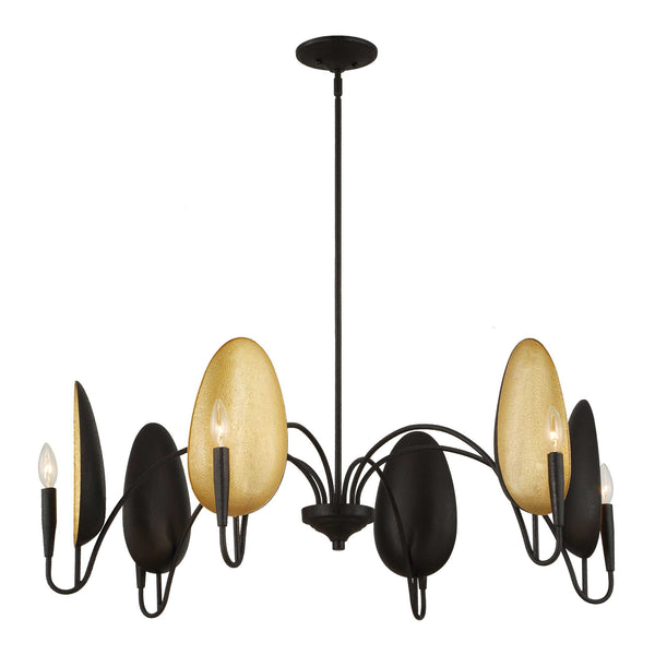 Uttermost Uttermost Warwick Oversized 6-Light Matte Black Chandelier With Matte Gold Shades, Adjustable Height 21405
