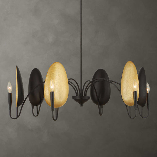 Uttermost Uttermost Warwick Oversized 6-Light Matte Black Chandelier With Matte Gold Shades, Adjustable Height 21405
