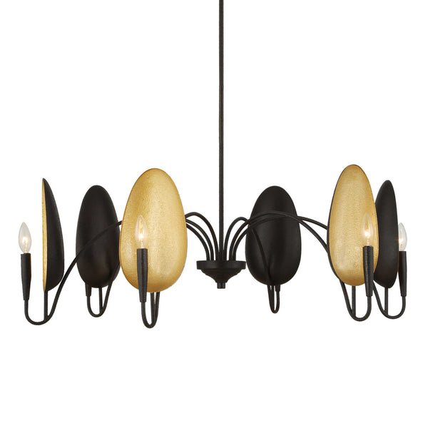 Uttermost Uttermost Warwick Oversized 6-Light Matte Black Chandelier With Matte Gold Shades, Adjustable Height 21405