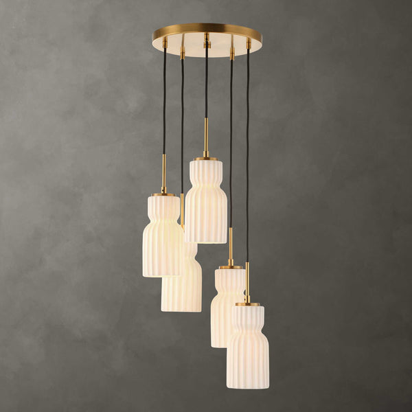 Uttermost Uttermost Vanier Sculptural 5-Light Cluster Pendant With Textured White Ceramic & Warm Brass Accents 21645