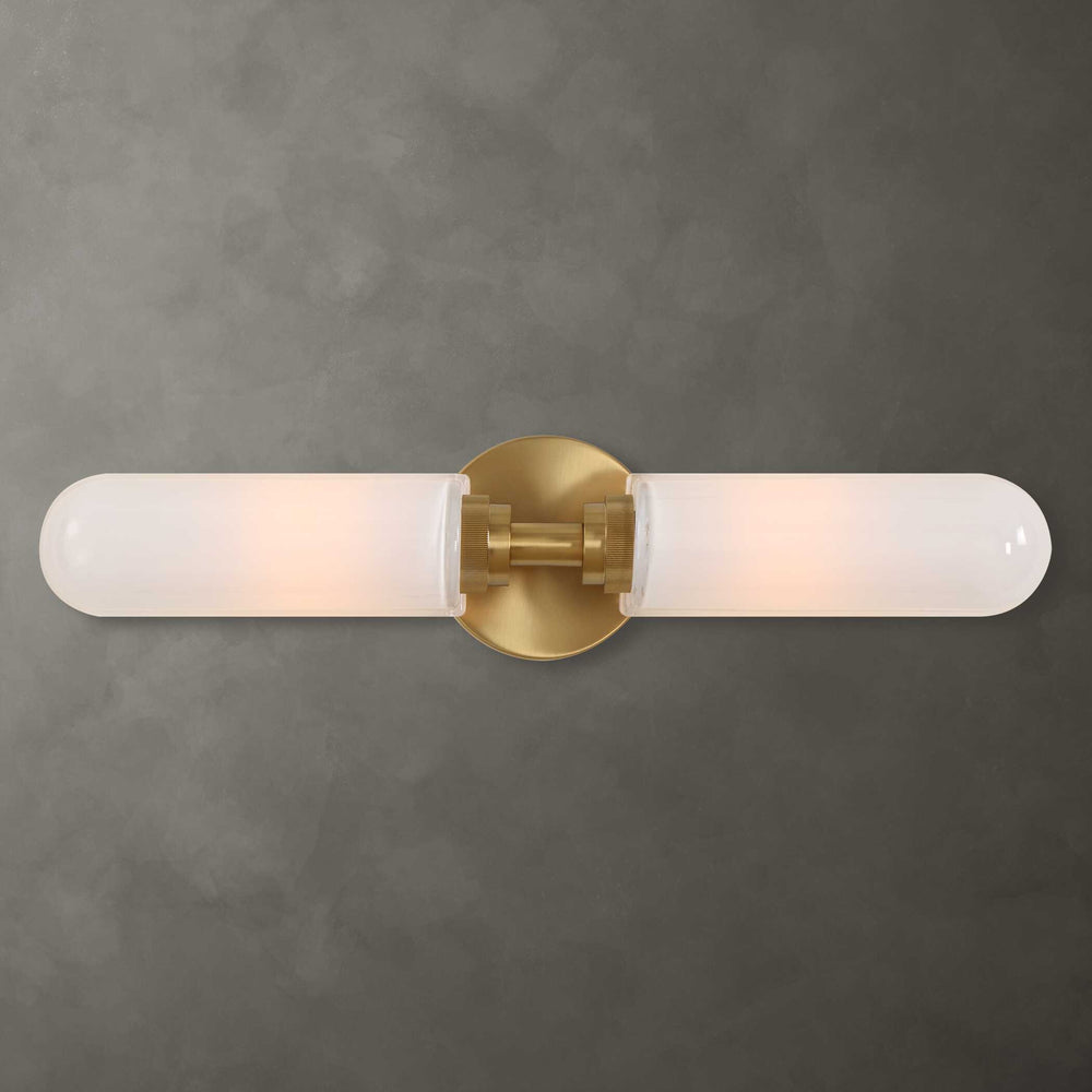 Uttermost Uttermost Wellsville 2-Light Brass Sconce With Opal Glass Shades, Damp-Rated Vanity Or Hallway Lighting Fixture 22607