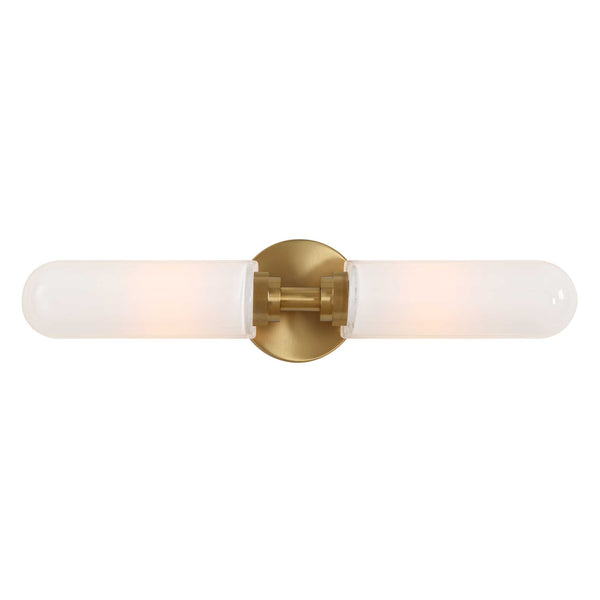 Uttermost Uttermost Wellsville 2-Light Brass Sconce With Opal Glass Shades, Damp-Rated Vanity Or Hallway Lighting Fixture 22607