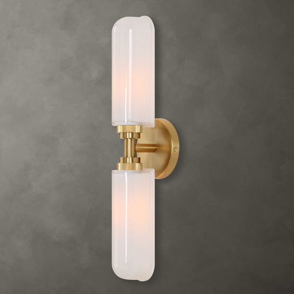 Uttermost Uttermost Wellsville 2-Light Brass Sconce With Opal Glass Shades, Damp-Rated Vanity Or Hallway Lighting Fixture 22607