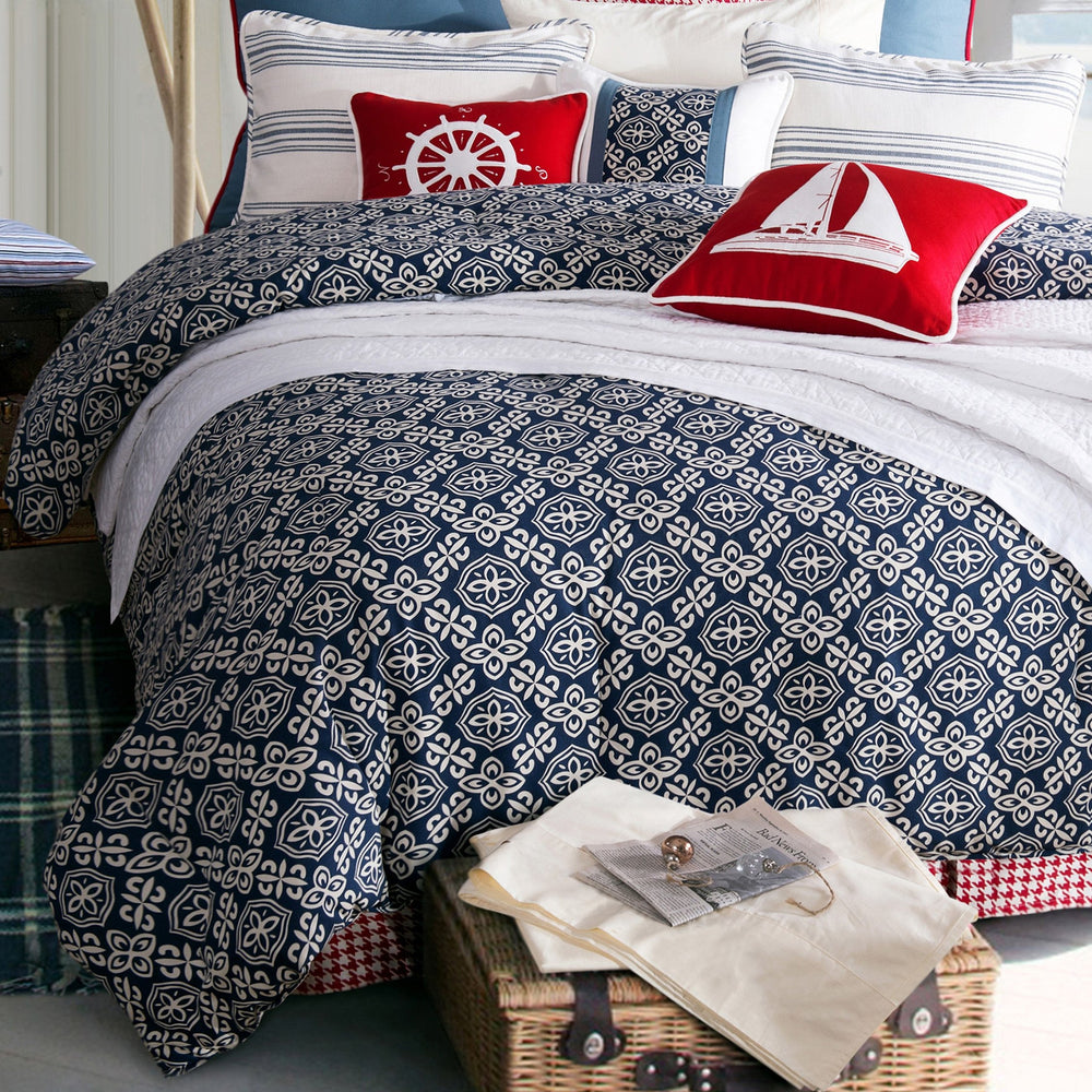 Hiend Accents St. Clair Bedding Set - Nautical-inspired 4-piece Ensemble For A Stylish Bedroom Retreat Navy,White Comforter ,Face, 100% Cotton,Back, 100% Polyester. Bed Skirt ,Skirt, 100% Cotton,Decking, 100% Polyester. Pillow Sham ,95% Cotton,5% Polyester. Lk1682-sk-oc