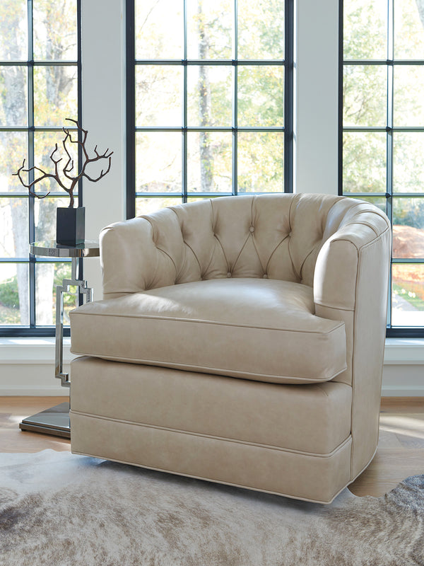 Lexington Barclay Butera Cliffhaven Leather Swivel Chair – Luxurious Upholstered Seating With Tufted Back And Ultra Down Cushion   Ll5410-11sw-40