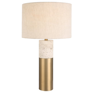 Uttermost Gravitas Elegant Brass & Stone Lamp 30201-1 Iron + Off White Travertine + Linen