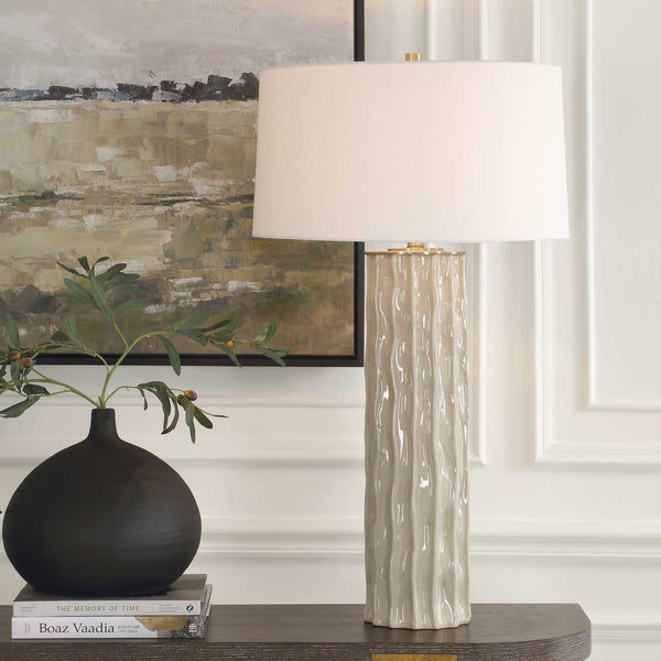Uttermost Parilli Taupe Gray Table Lamp With Organic Ceramic Base, Brushed Nickel & Off-white Shade Brown,Gray Steel,Ceramic,Fabric 30555