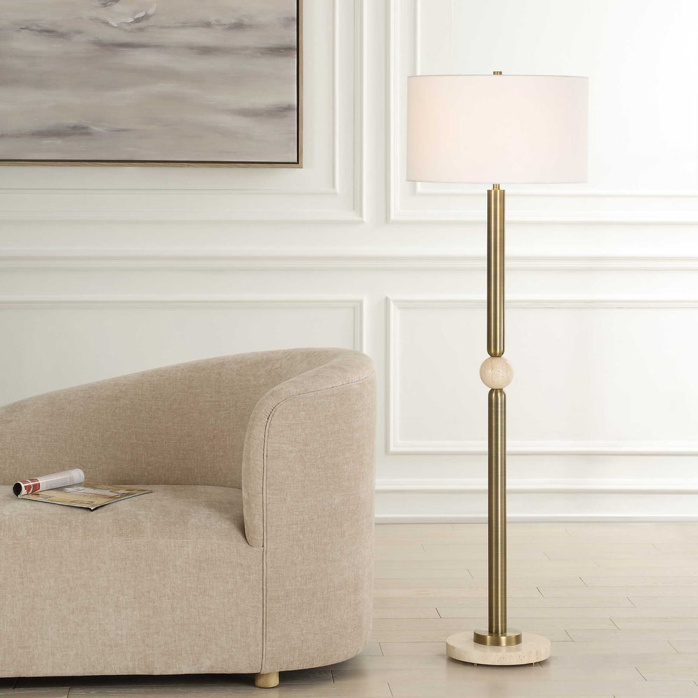Uttermost Hudson Gold Floor Lamp - Elegant Steel Base With Travertine Orb & Crisp White Shade Design Brass,Gold Steel,Travertine,Fabric 30547-1