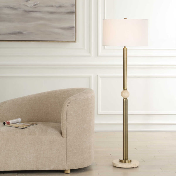 Uttermost Hudson Gold Floor Lamp - Elegant Steel Base With Travertine Orb & Crisp White Shade Design Brass,Gold Steel,Travertine,Fabric 30547-1