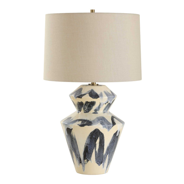 Uttermost Striking Abstract Geometric Table Lamp With Blue & Cream Ceramic Base And Brass Accents Blue,White Ceramic,Metal ,Fabric 30548-1