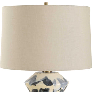 Uttermost Striking Abstract Geometric Table Lamp With Blue & Cream Ceramic Base And Brass Accents Blue,White Ceramic,Metal ,Fabric 30548-1