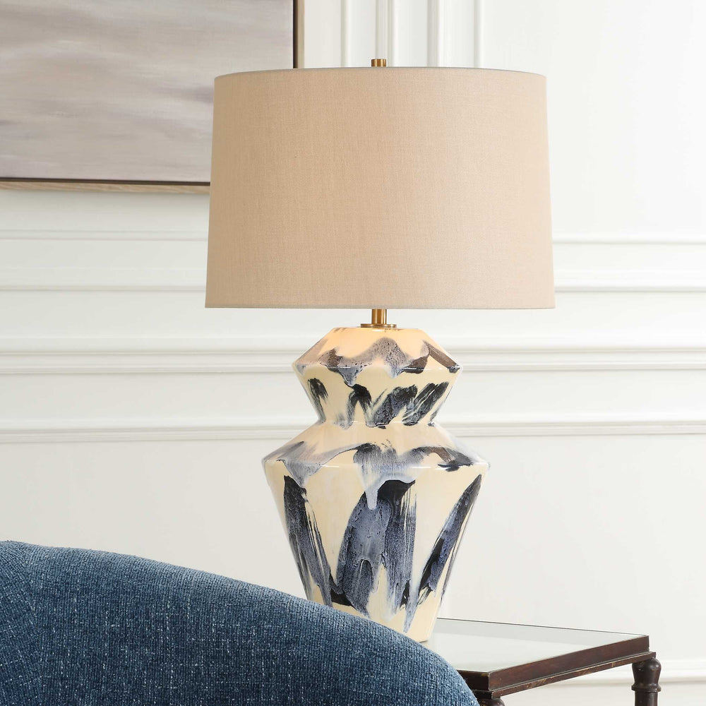 Uttermost Striking Abstract Geometric Table Lamp With Blue & Cream Ceramic Base And Brass Accents Blue,White Ceramic,Metal ,Fabric 30548-1