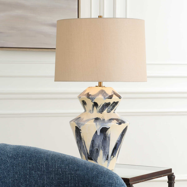 Uttermost Striking Abstract Geometric Table Lamp With Blue & Cream Ceramic Base And Brass Accents Blue,White Ceramic,Metal ,Fabric 30548-1