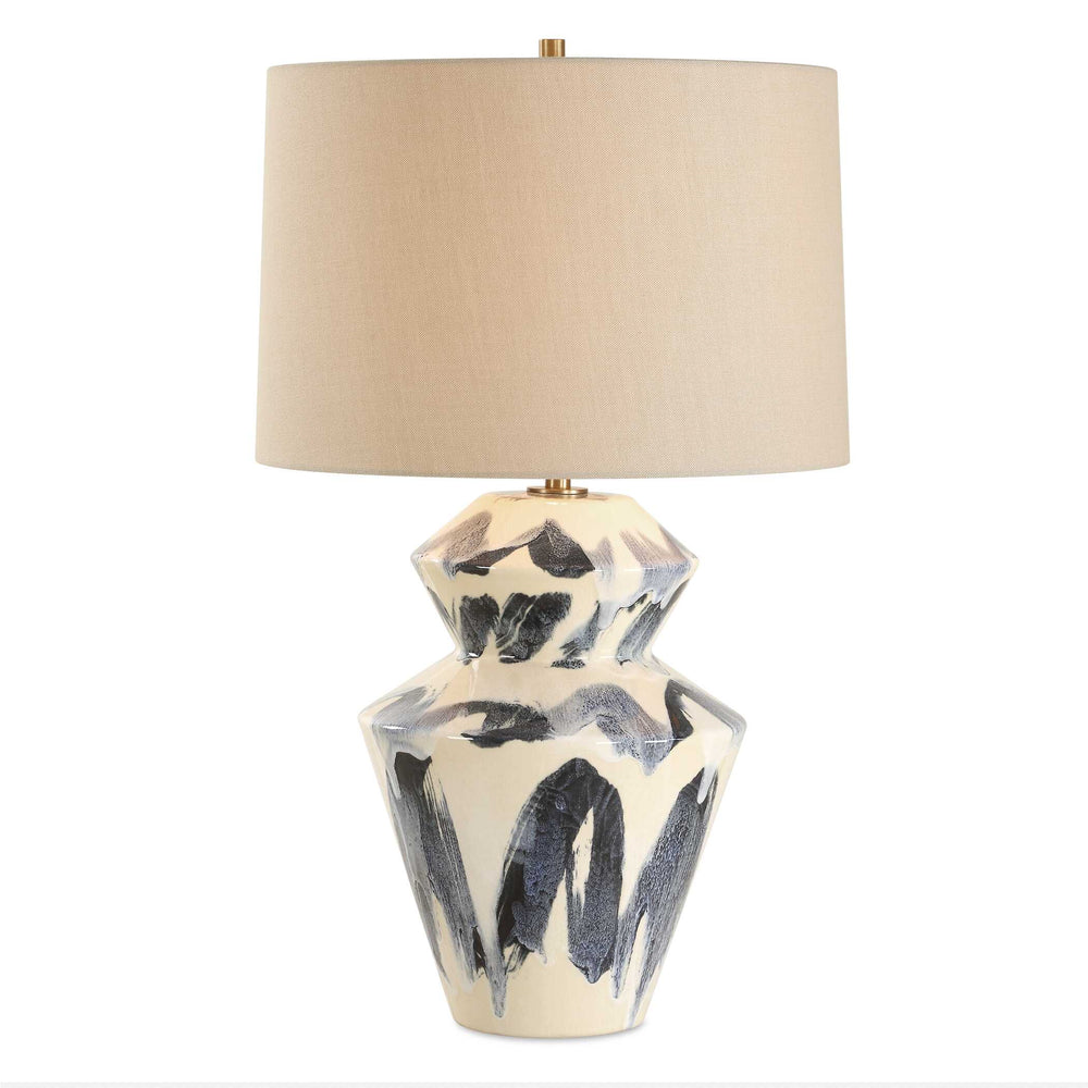 Uttermost Striking Abstract Geometric Table Lamp With Blue & Cream Ceramic Base And Brass Accents Blue,White Ceramic,Metal ,Fabric 30548-1