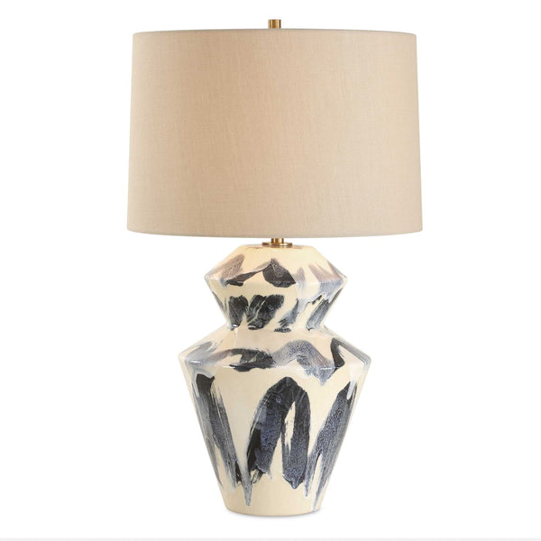 Uttermost Striking Abstract Geometric Table Lamp With Blue & Cream Ceramic Base And Brass Accents Blue,White Ceramic,Metal ,Fabric 30548-1