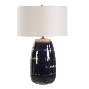 Uttermost Orleans Artisan Blue Glaze Table Lamp With Antique Brass Accents & White Linen Shade Blue,Brown Ceramic ,Metal,Fabric 30549