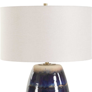 Uttermost Orleans Artisan Blue Glaze Table Lamp With Antique Brass Accents & White Linen Shade Blue,Brown Ceramic ,Metal,Fabric 30549