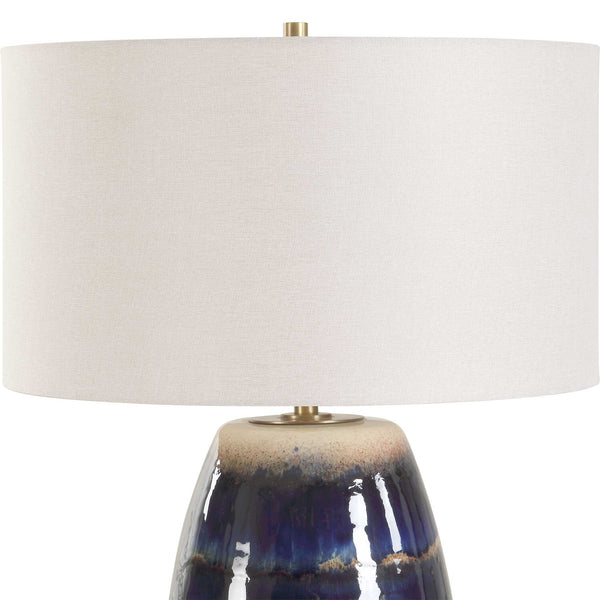 Uttermost Orleans Artisan Blue Glaze Table Lamp With Antique Brass Accents & White Linen Shade Blue,Brown Ceramic ,Metal,Fabric 30549