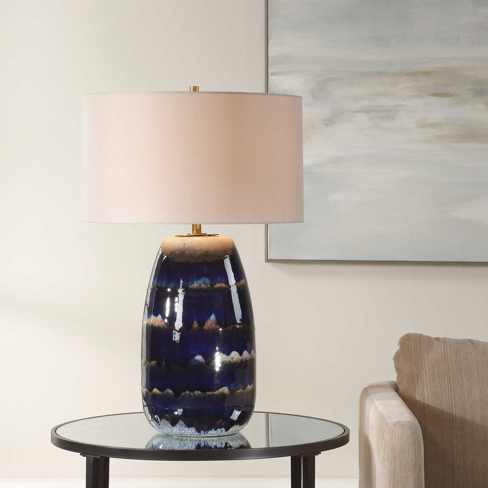 Uttermost Orleans Artisan Blue Glaze Table Lamp With Antique Brass Accents & White Linen Shade Blue,Brown Ceramic ,Metal,Fabric 30549