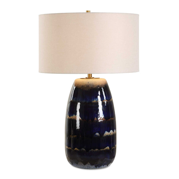 Uttermost Orleans Artisan Blue Glaze Table Lamp With Antique Brass Accents & White Linen Shade Blue,Brown Ceramic ,Metal,Fabric 30549