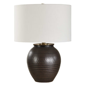 Uttermost Hawkins Bronze Ribbed Table Lamp - Elegant Urn Shape, Industrial Style, White Linen Shade Black,Bronze Steel,Ceramic,Fabric 30562-1