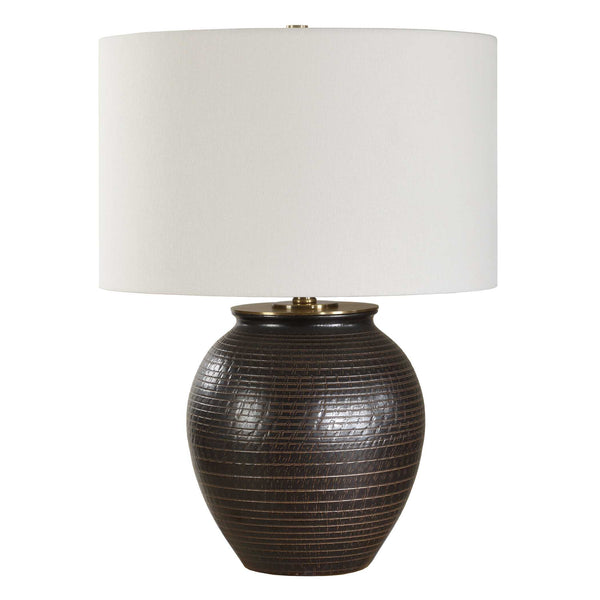 Uttermost Hawkins Bronze Ribbed Table Lamp - Elegant Urn Shape, Industrial Style, White Linen Shade Black,Bronze Steel,Ceramic,Fabric 30562-1