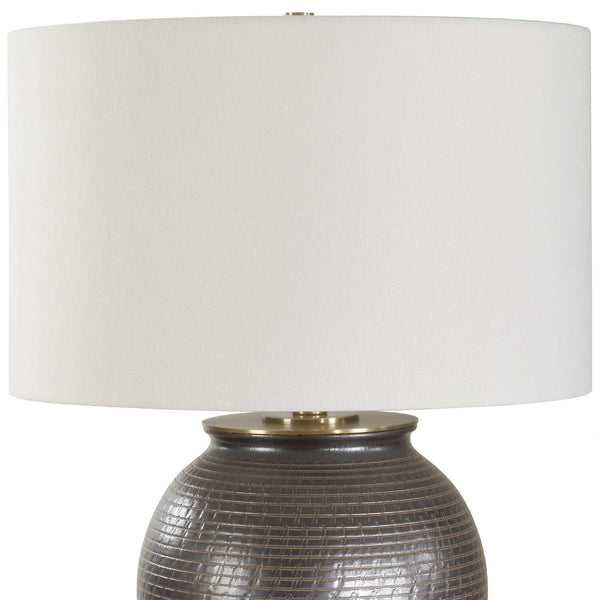 Uttermost Hawkins Bronze Ribbed Table Lamp - Elegant Urn Shape, Industrial Style, White Linen Shade Black,Bronze Steel,Ceramic,Fabric 30562-1