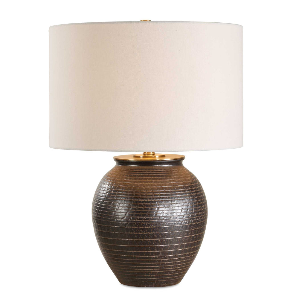 Uttermost Hawkins Bronze Ribbed Table Lamp - Elegant Urn Shape, Industrial Style, White Linen Shade Black,Bronze Steel,Ceramic,Fabric 30562-1