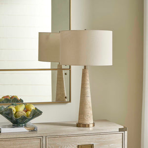 Uttermost Uttermost Perkins Travertine Table Lamp — Hand-Finished Beige Stone, Light Brass Accents, Linen Shade 30536-1