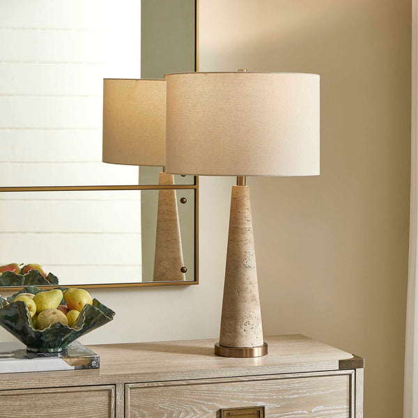 Uttermost Uttermost Perkins Travertine Table Lamp — Hand-Finished Beige Stone, Light Brass Accents, Linen Shade 30536-1