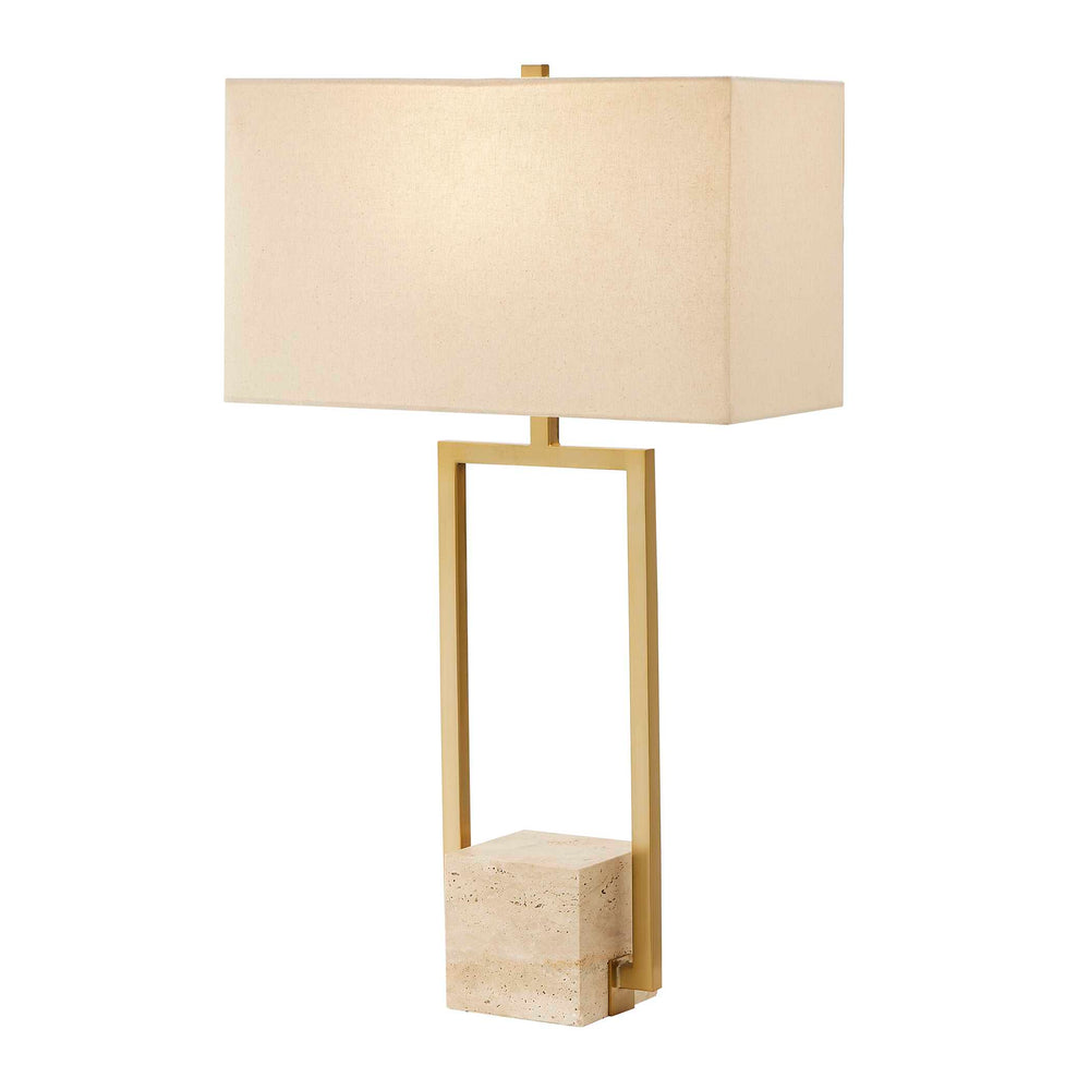 Uttermost Uttermost Warrick Travertine Table Lamp — Brass-Plated Open Frame, White Linen Rectangular Shade 30537-1